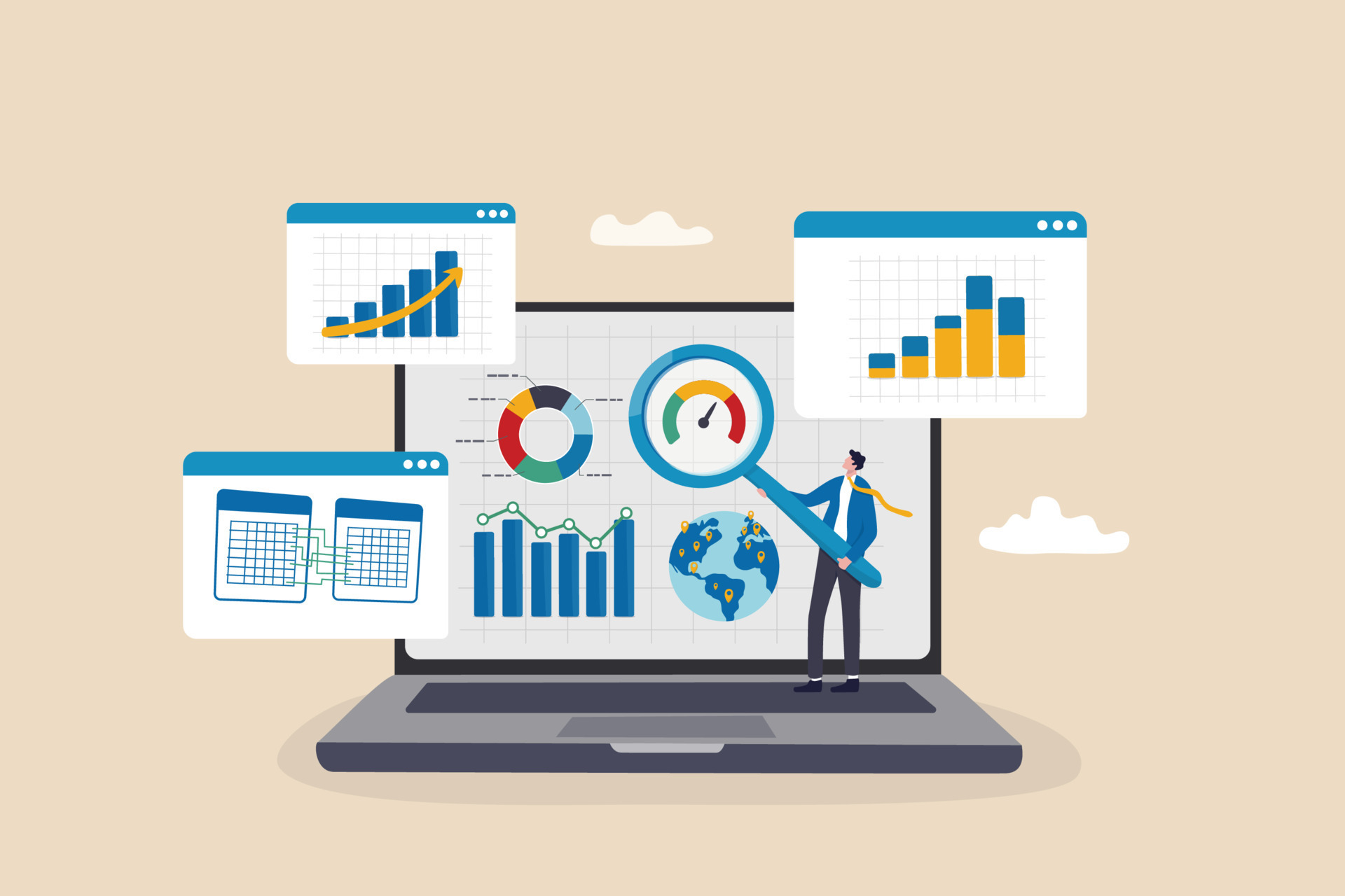 Market research data analysis, business data or financial report analysis, SEO analysis or profit and revenue concept, businessman analyst with magnifying glass analyze data on computer laptop. 14338430 Vecteezy vector art