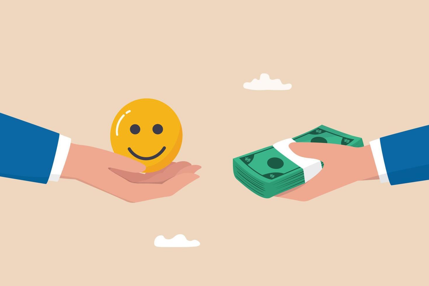 Money can buy happiness, philosophy or life success dilemma, financial goal vs work life balance and enjoy life concept, businessman hand offer money to buy happiness smile face. vector