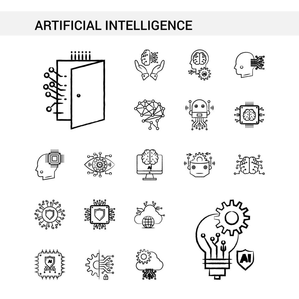 Artificial Intelligence hand drawn Icon set style isolated on white background Vector