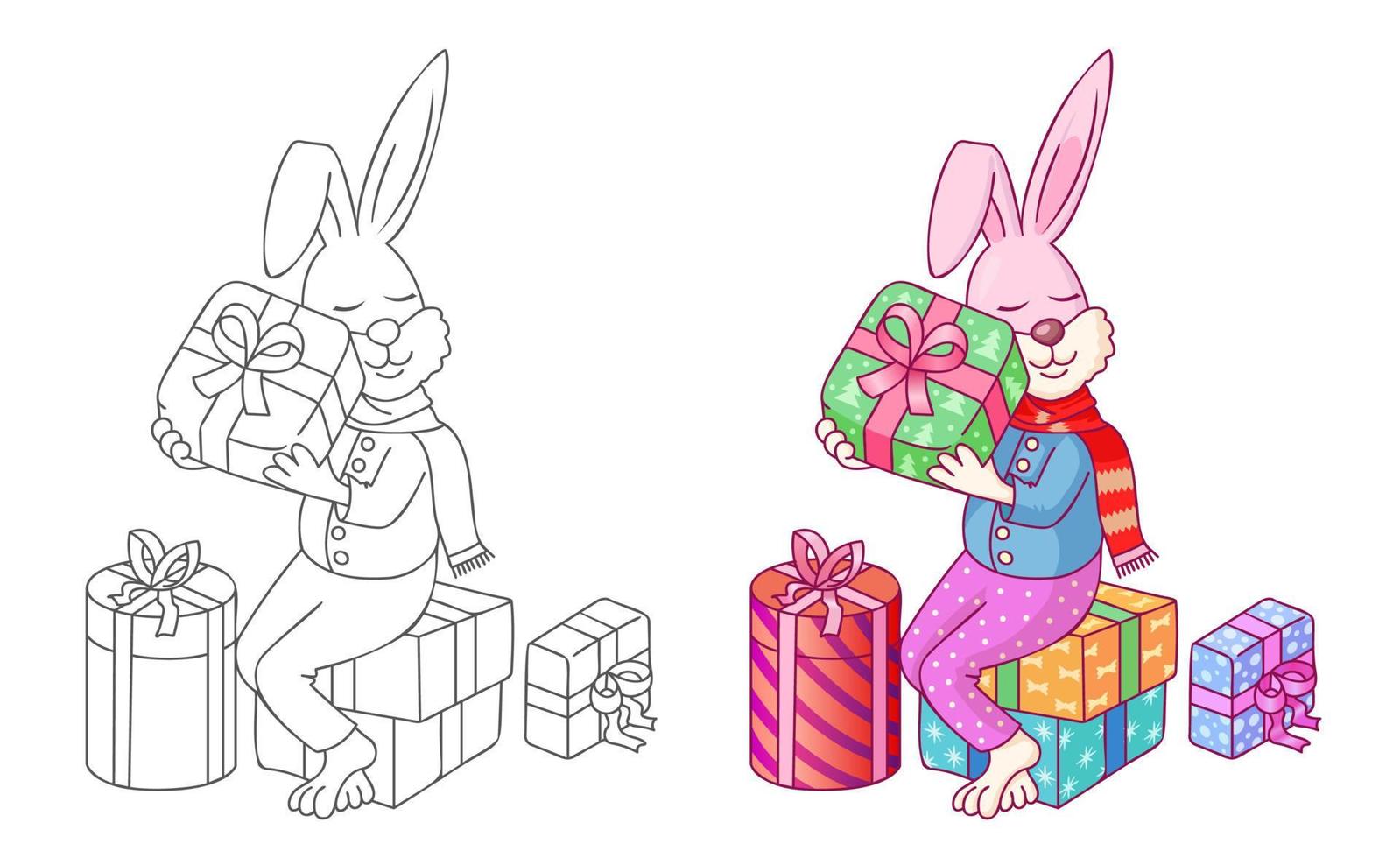 Bunny sitting on gift boxes holding green Christmas present. Christmas illustration with cheerful happy bunny. Pink rabbit with red scarf colorful and line art illustration vector