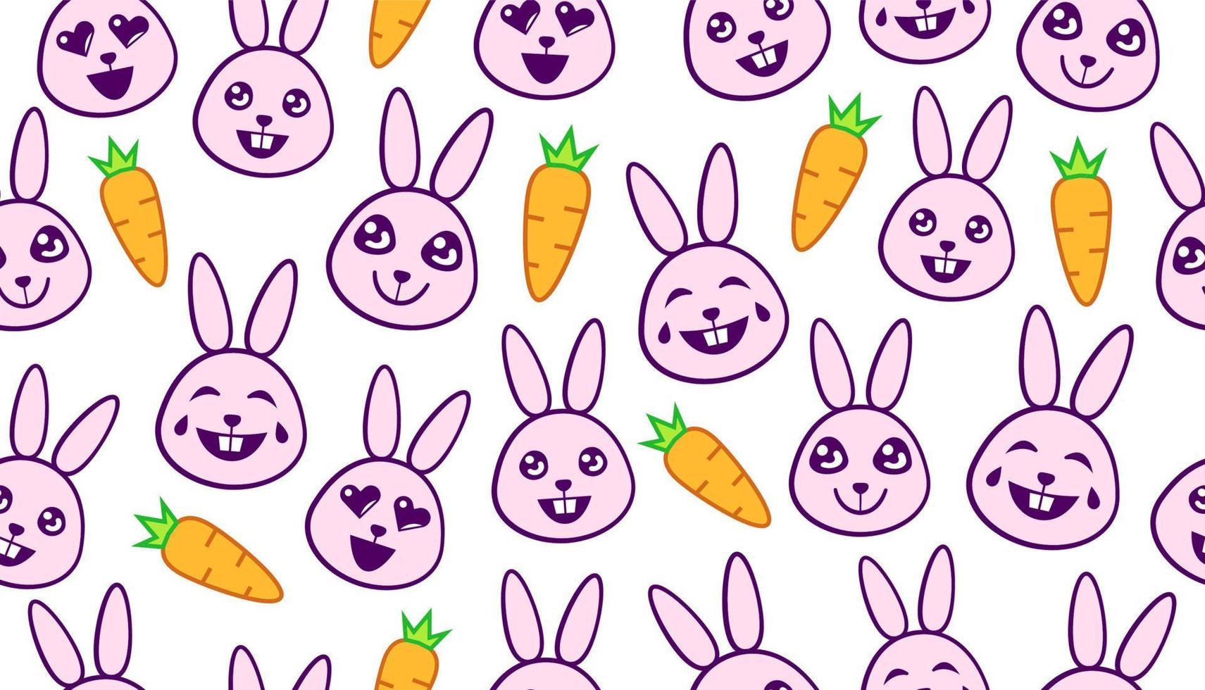 Abstract seamless pattern with bunnies and carrots. Rabbit pink smiling faces and orange carrots on white background, repeatable pattern. vector