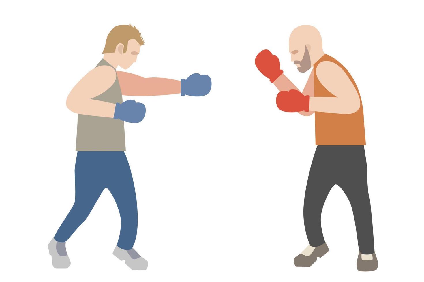 Two male boxers fighting against each other. Box fighters on left and right corners flat style illustration. vector