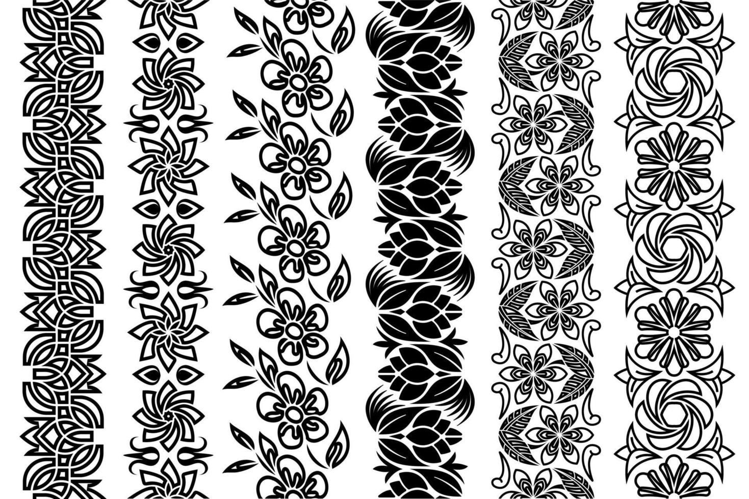 Black and white lace trim set. Collection of ornate floral borders. Seamless ornamental arabesque design elements. Seamless repeating patterns for your designs. vector