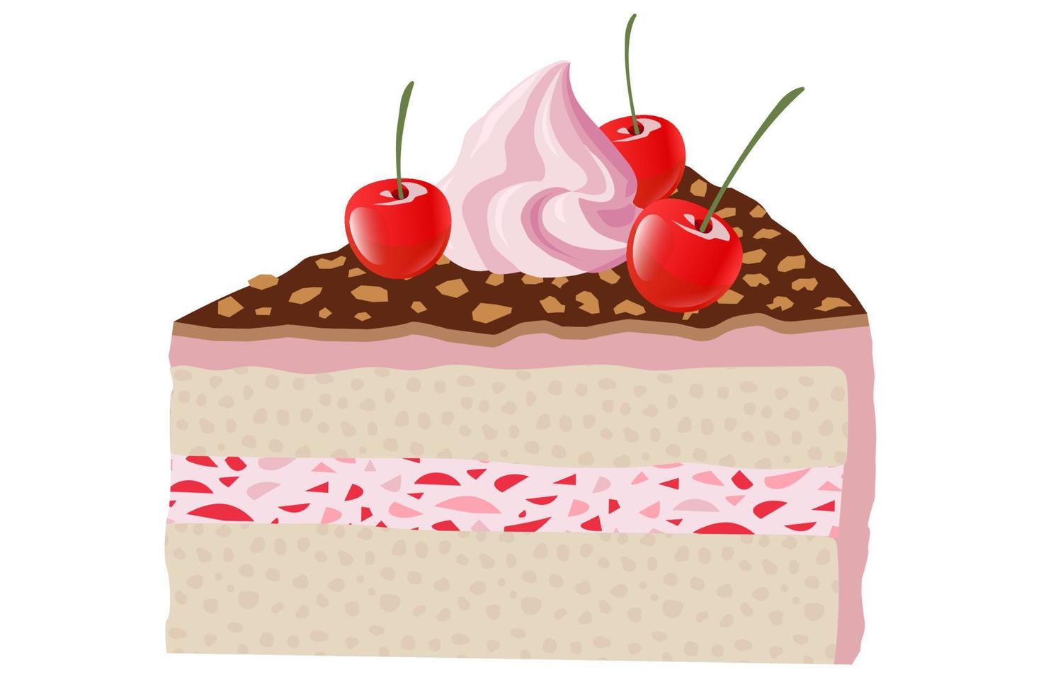 Chocolate cake with cream and berry. Piece of cake illustration. vector