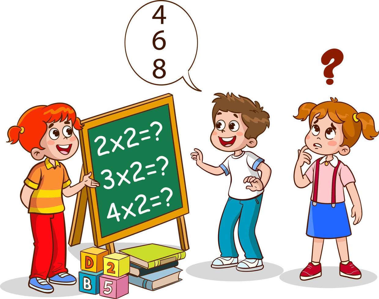 Happy kids learning math. Child person do math exercises calculating, writing on chalk board vector