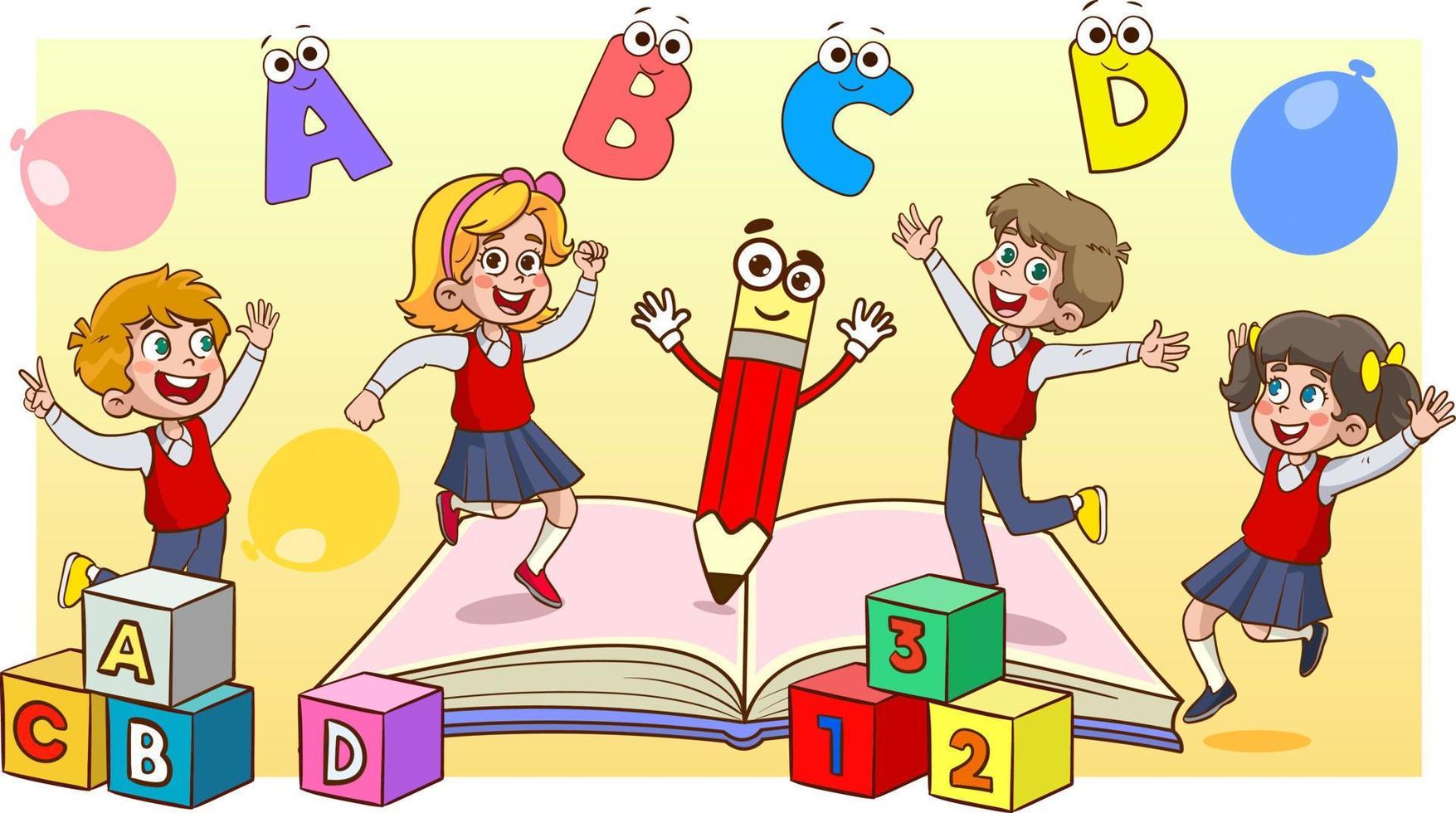 happy student kids dancing and jumping with letters and numbers. Education and knowledge concept vector