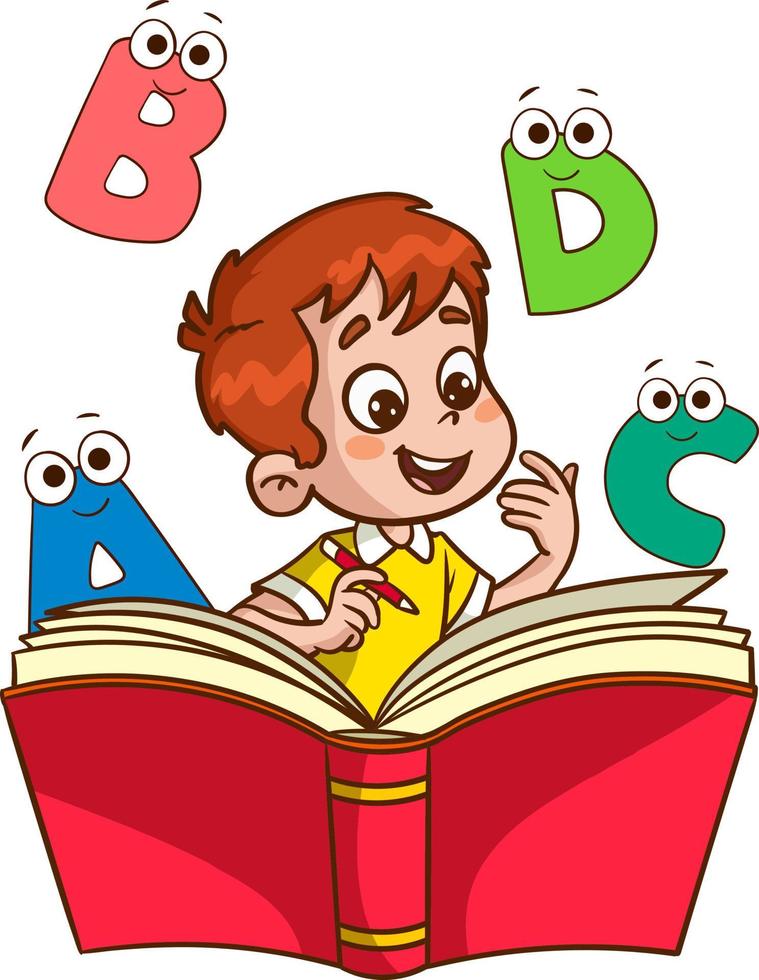 happy cute little kid with book and letters.cute little child reading a book vector illustration.children learning to read and write