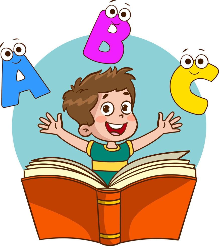 happy cute little kid with book and letters.cute little child reading a book vector illustration.children learning to read and write