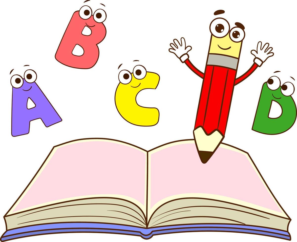 vector illustration of literacy visual with cute letters and pen