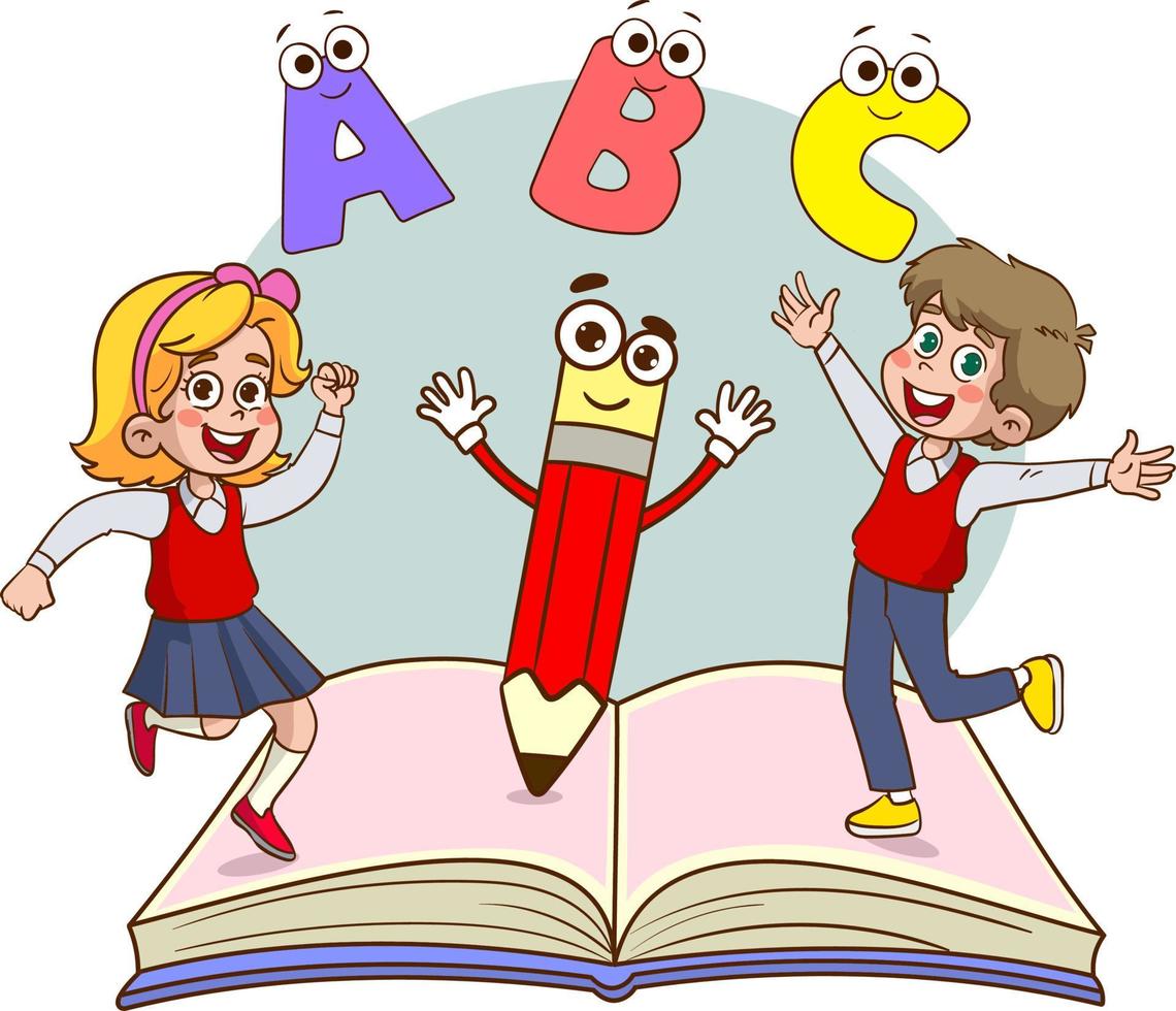 happy student kids dancing and jumping with letters and numbers. Education and knowledge concept vector