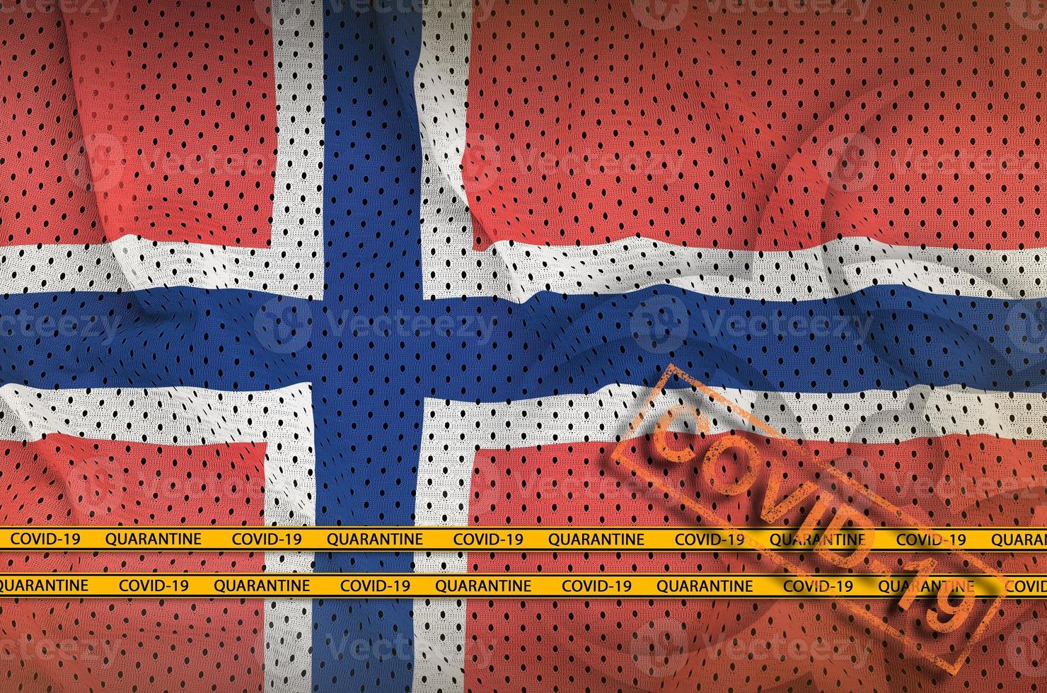 Norway flag and orange Covid-19 stamp with border tape. Coronavirus or 2019-nCov virus concept photo