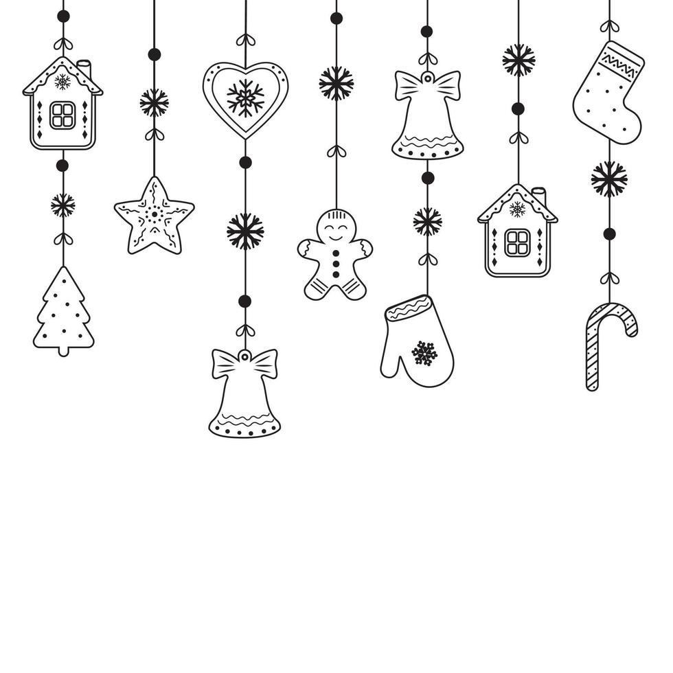 Christmas garland of ginger cookies in the style of doodle, vector illustration contour