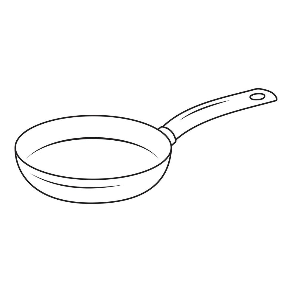 Black insulated frying pan with handle, black contour in doodle style, vector illustration