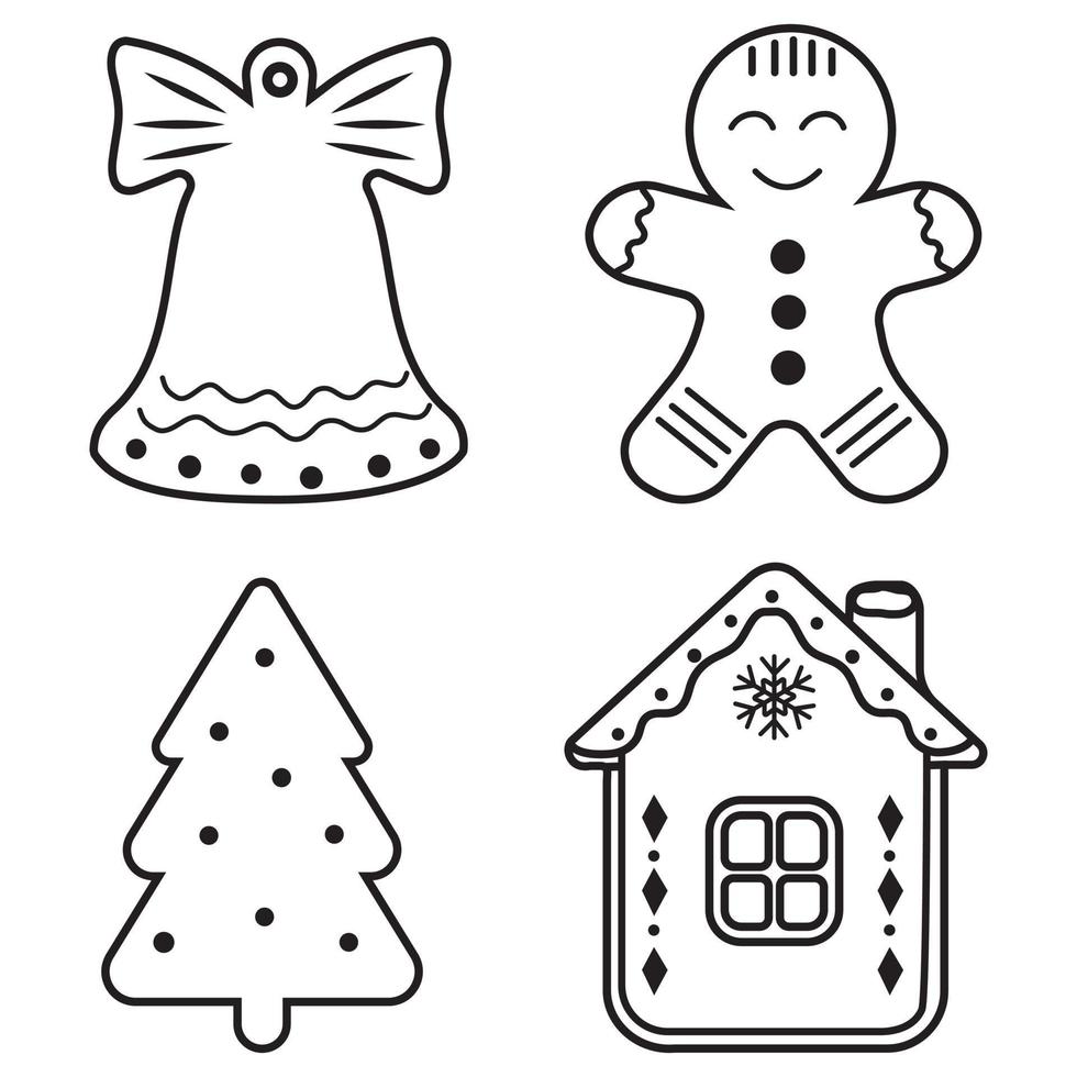 Set of Christmas Ginger cookies, black outline, vector illustration