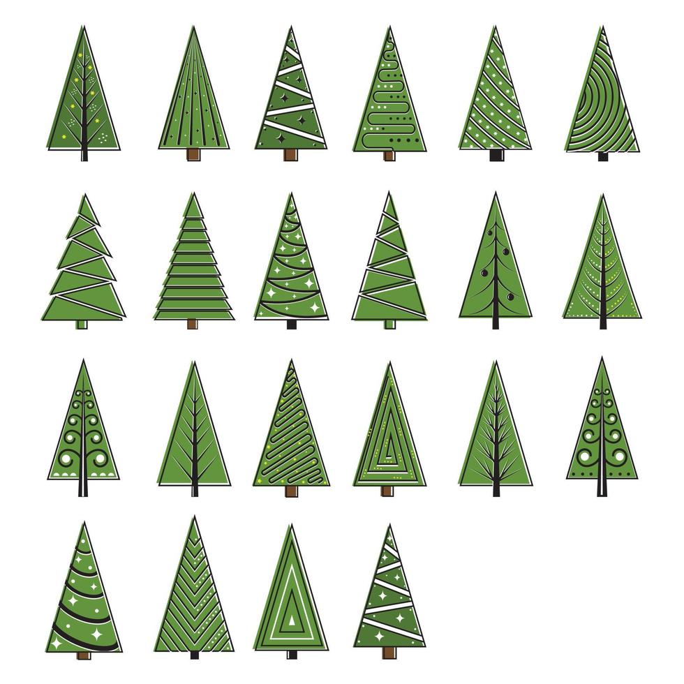 Hand drawn set of Christmas trees. Holidays background. Abstract doodle drawing woods. Vector art illustration