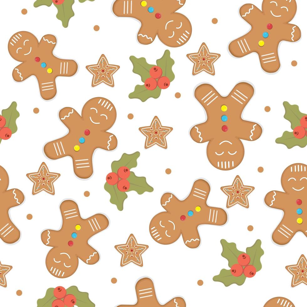 Gingerbread men, snowflakes and Christmas trees seamless pattern. Christmas or New Year background. Festive baked, cute design. vector