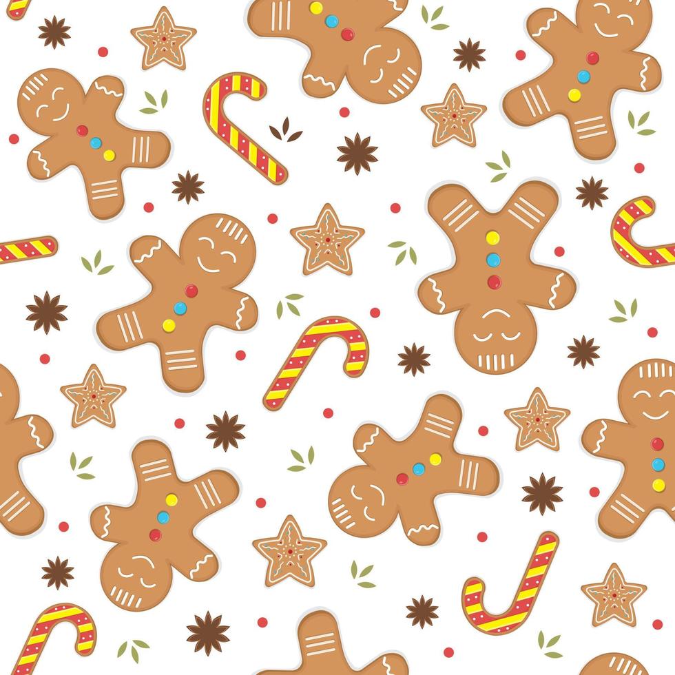 Gingerbread men, snowflakes and Christmas trees seamless pattern. Christmas or New Year background. Festive baked, cute design. vector