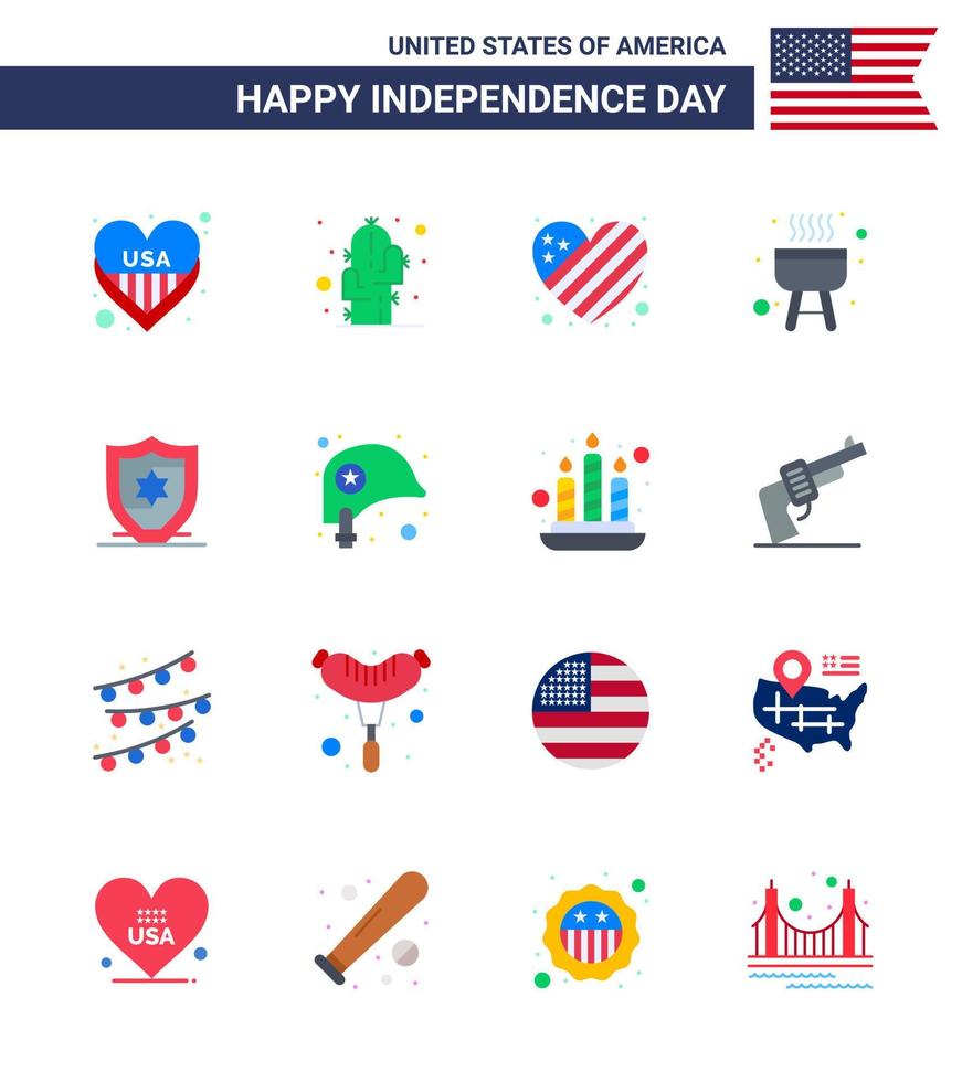 feliz día de la independencia de estados unidos conjunto de pictogramas de 16 pisos simples de escudo cocinero americano americano barbacoa editable día de estados unidos elementos de diseño vectorial vector