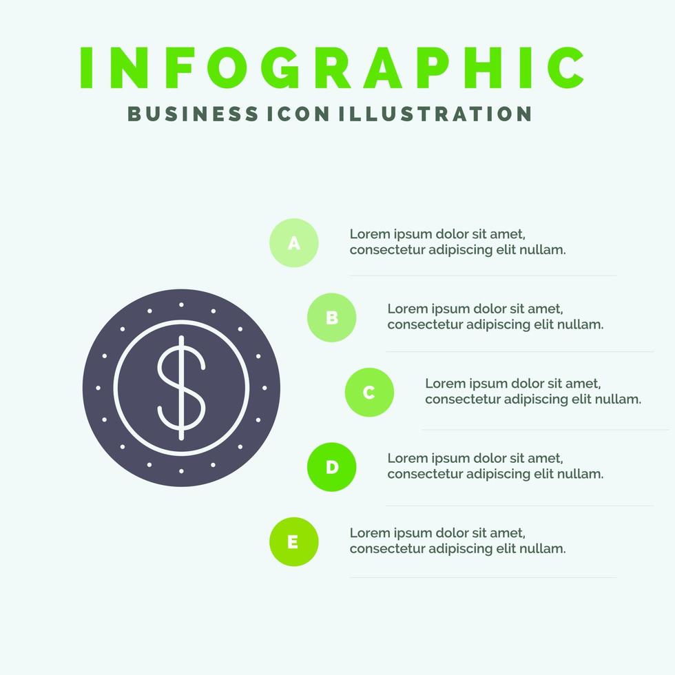 dólar moneda efectivo sólido icono infografía 5 pasos presentación antecedentes vector