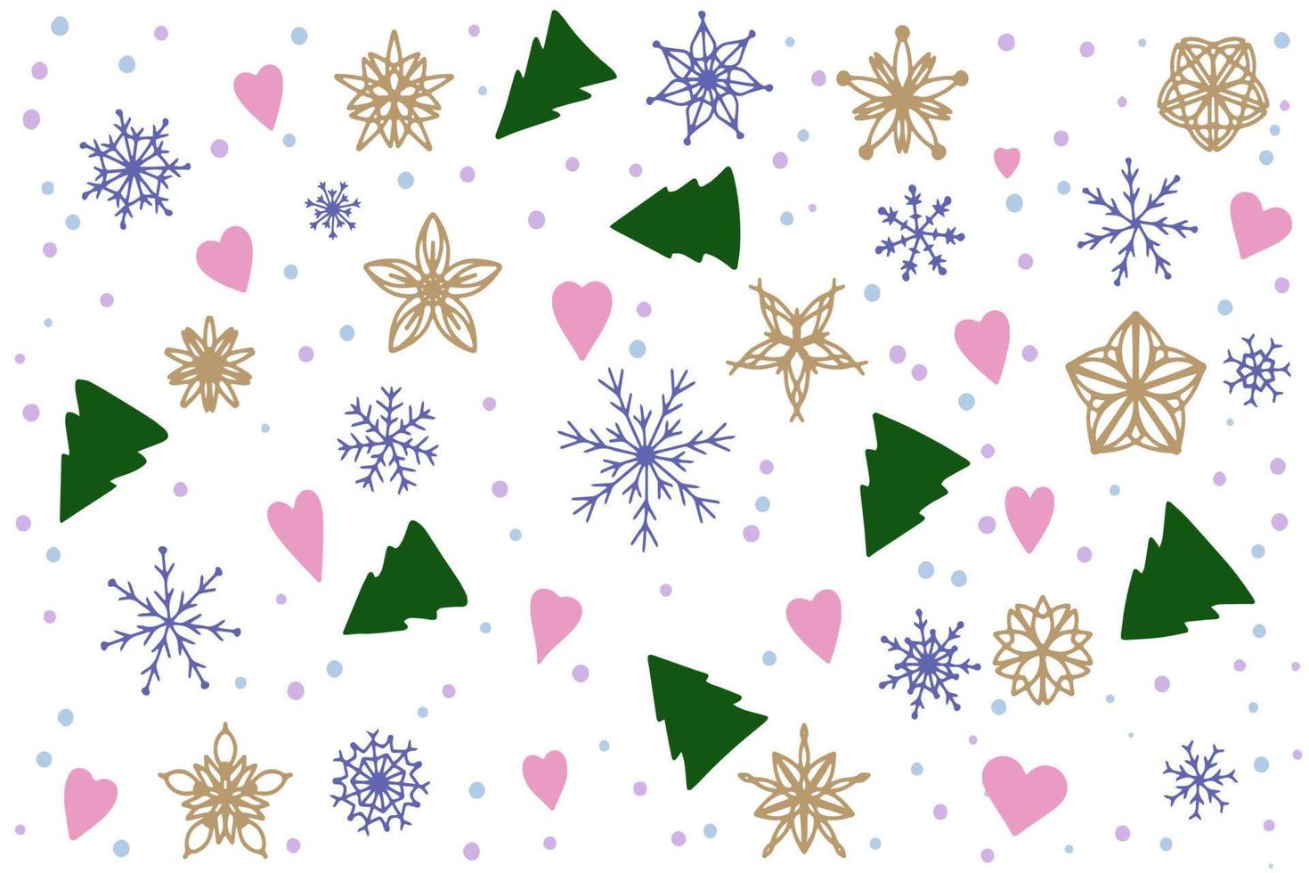 Cute background with hearts, Christmas trees and snowflakes on a white background vector