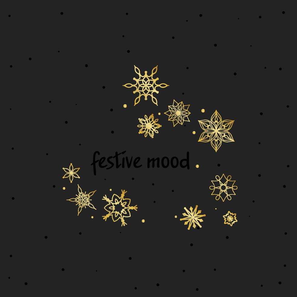 Festive mood, handwritten lettering, golden snowflakes on a dark background vector