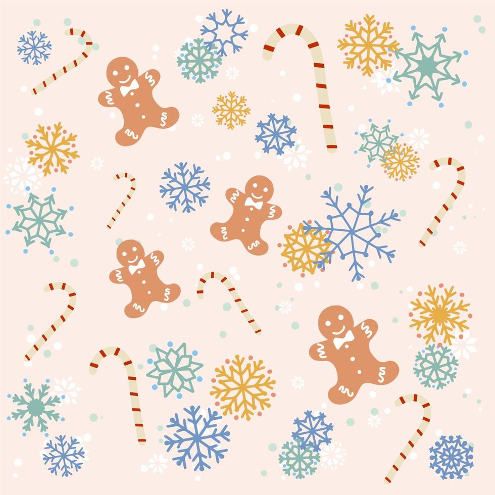 Gingerbread cookies with candies in snowflakes, holiday card, flat style vector