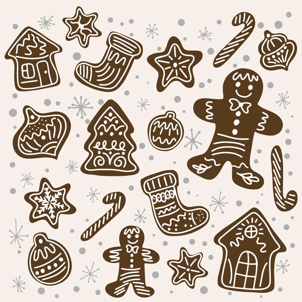 Gingerbread cookies of various shapes in snowflakes, postcard design, festive mood, handmade vector