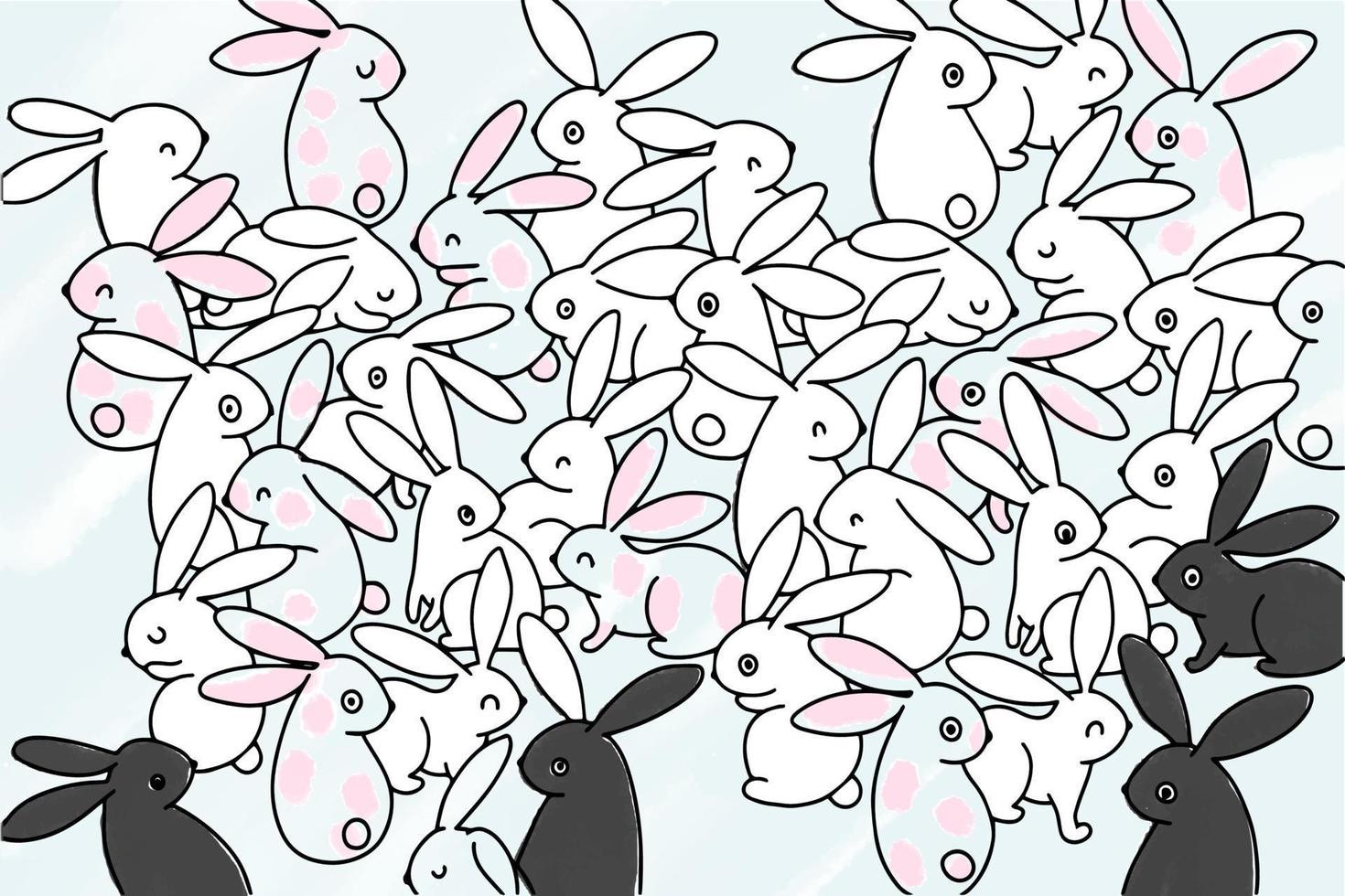 Background picture with bunnies in different positions and sizes, black and pink colors vector