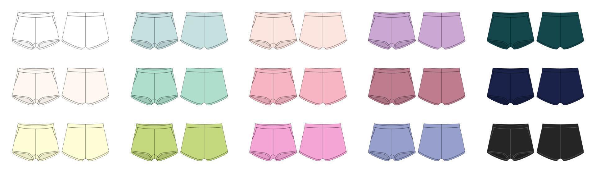 Set of blank shorts pants technical sketch design template. Diffirent colors. Casual shorts with pockets collection. vector