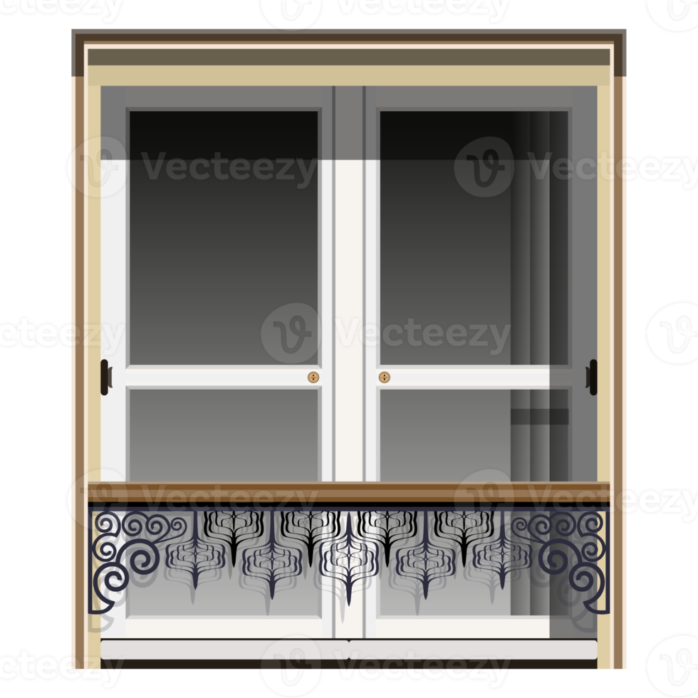 fenêtre avec balustrades forgées. porte en bois avec de petites fenêtres. façade de bâtiment en marbre. illustration png colorée.