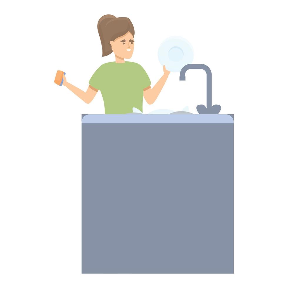 Sister dish wash icon cartoon vector. Kitchen housework vector