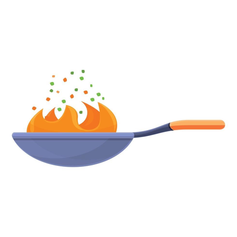 Fire wok pan icon, cartoon style vector