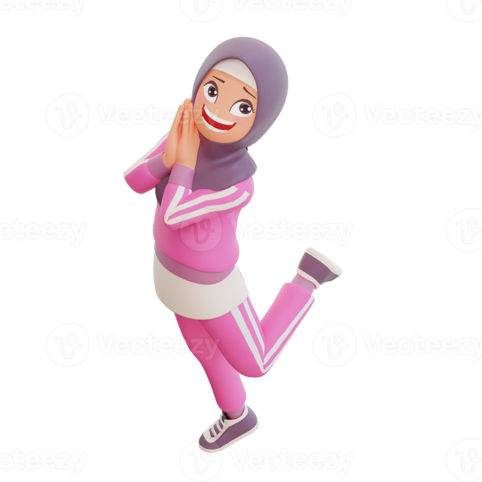 3d render cute muslim woman sporty png