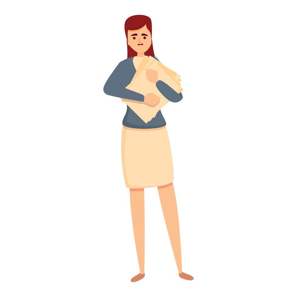 Woman rush job documents icon, cartoon style vector