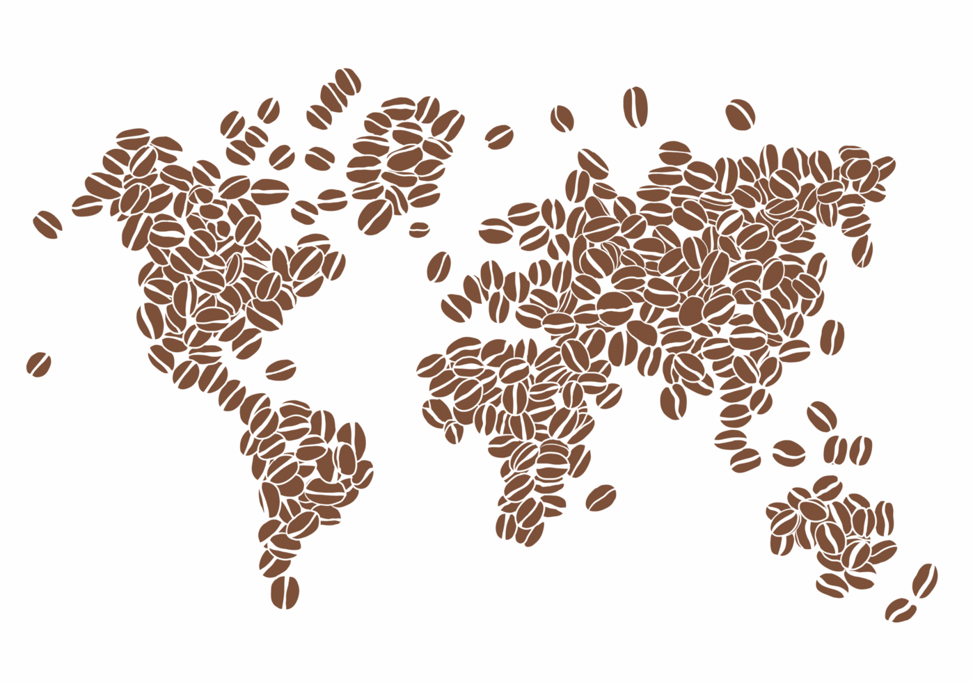 Freehand drawing of coffee bean arrange in world map. png