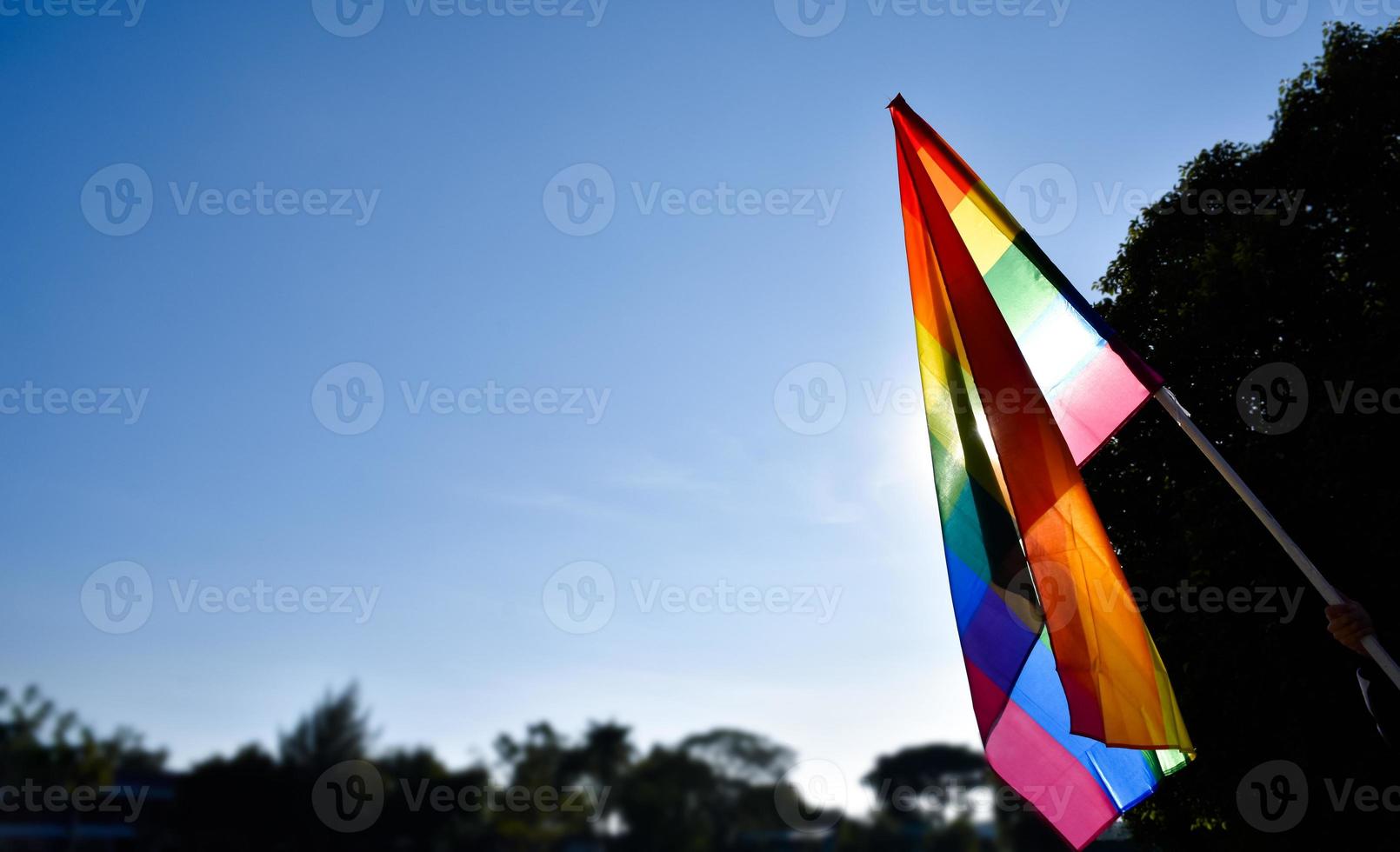 Rainbow flag holding in hand against bluesky background, concept for LGBT celebration in pride month, June, around the world. photo