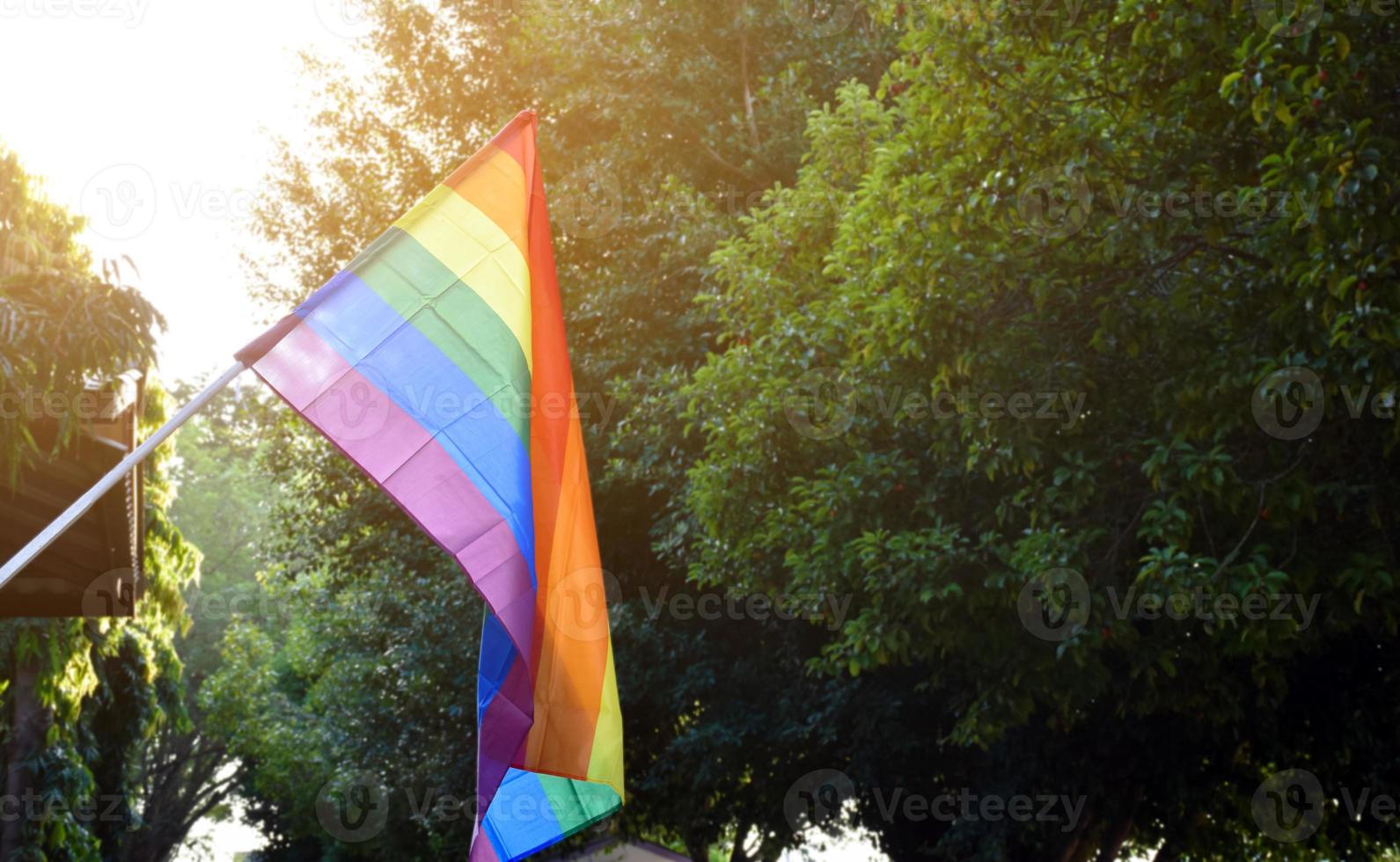 Look up view of rainbow flag, LGBT simbol, against clear bluesky background, soft and  selective focus, concept for LGBT celebration in pride month, June, around the world, copy space. photo