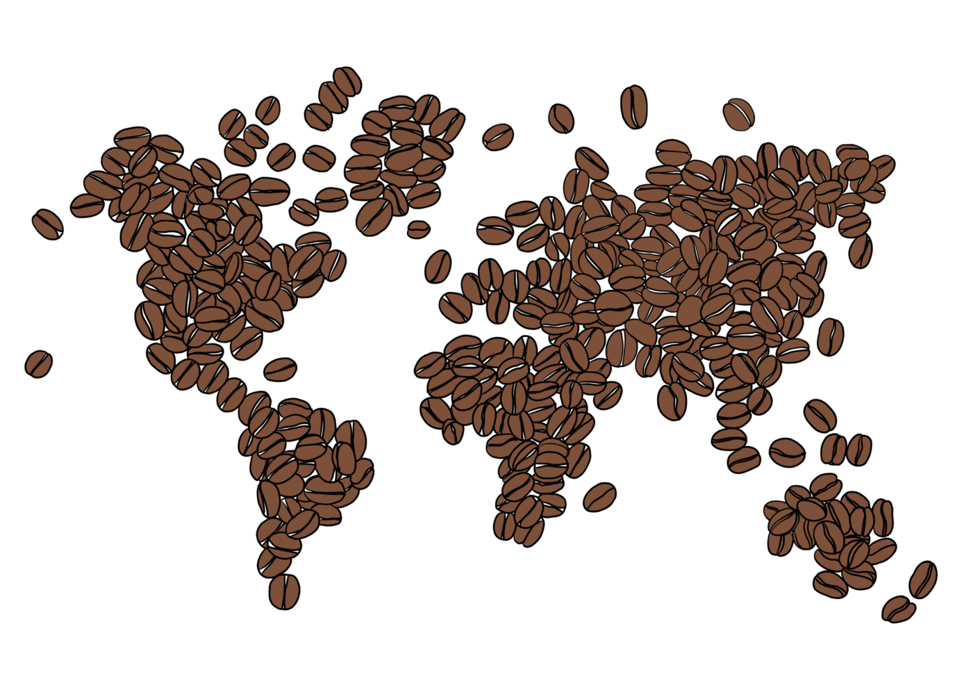 disegno a mano libera del chicco di caffè organizzare nella mappa del mondo. png