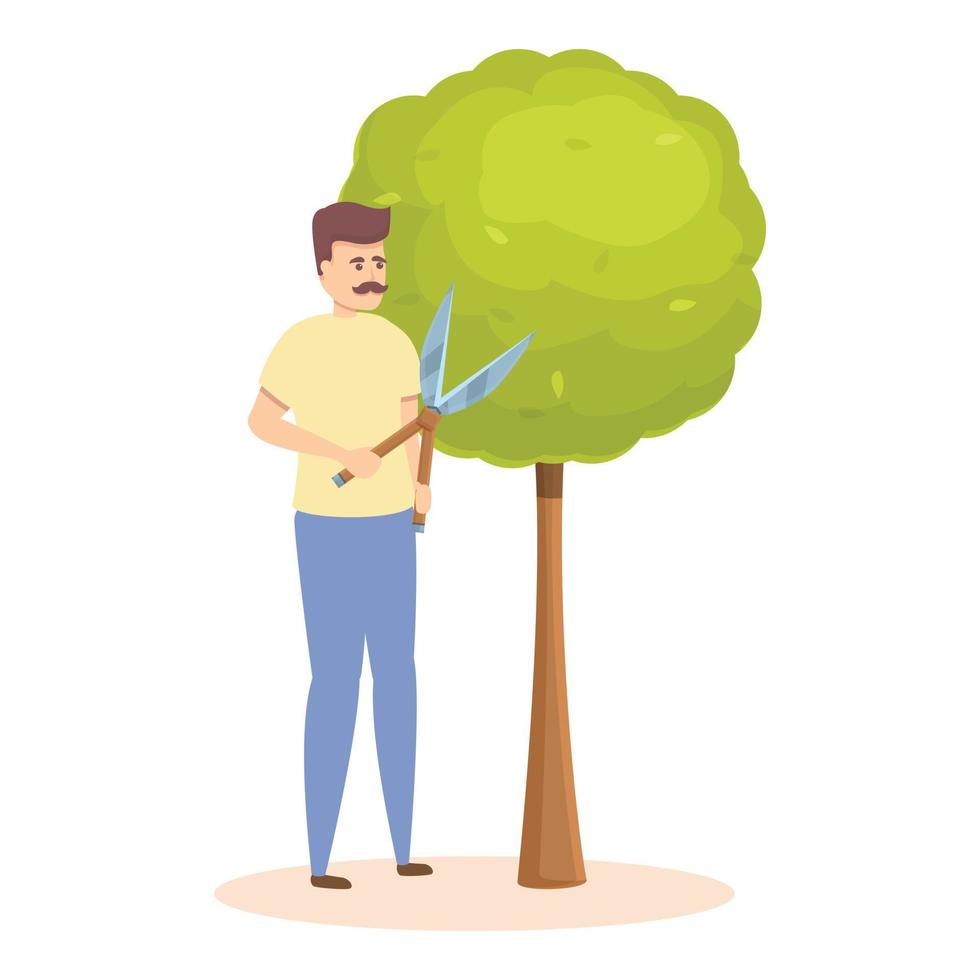 Tree scissors man icon cartoon vector. Garden hedge vector