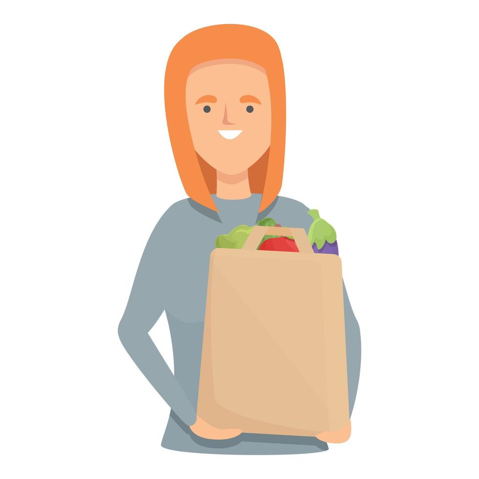 Woman with food purchase icon cartoon vector. Grocery supermarket vector