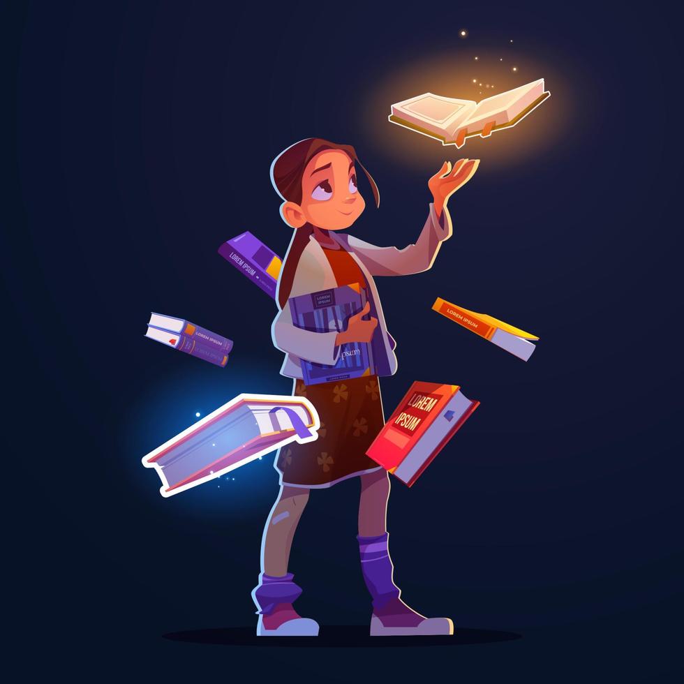 Girl with flying books with magic glow vector