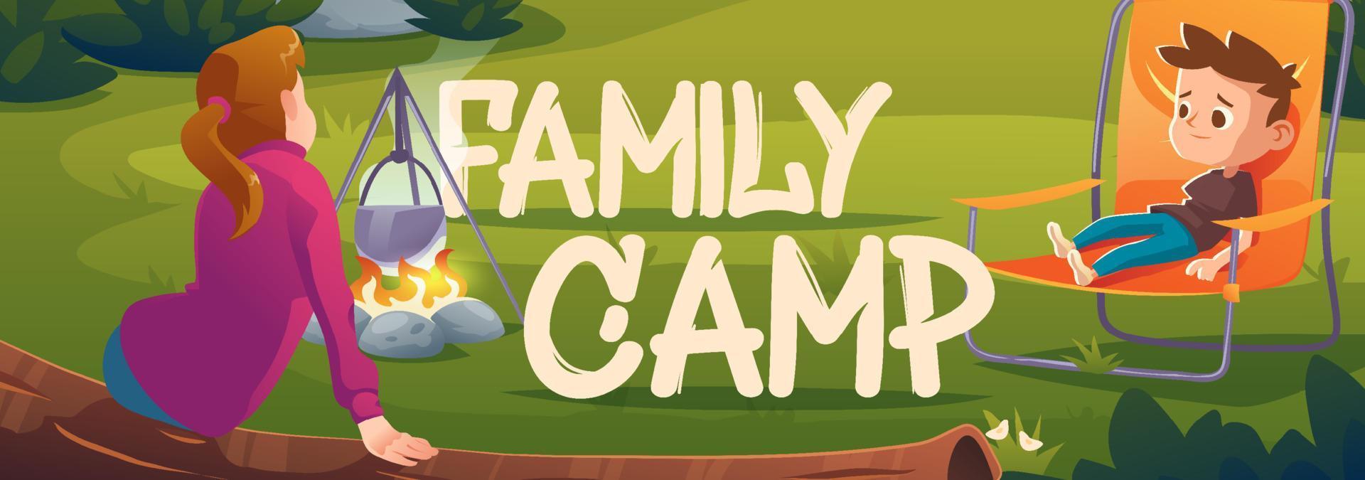Family camp cartoon banner, children in forest vector