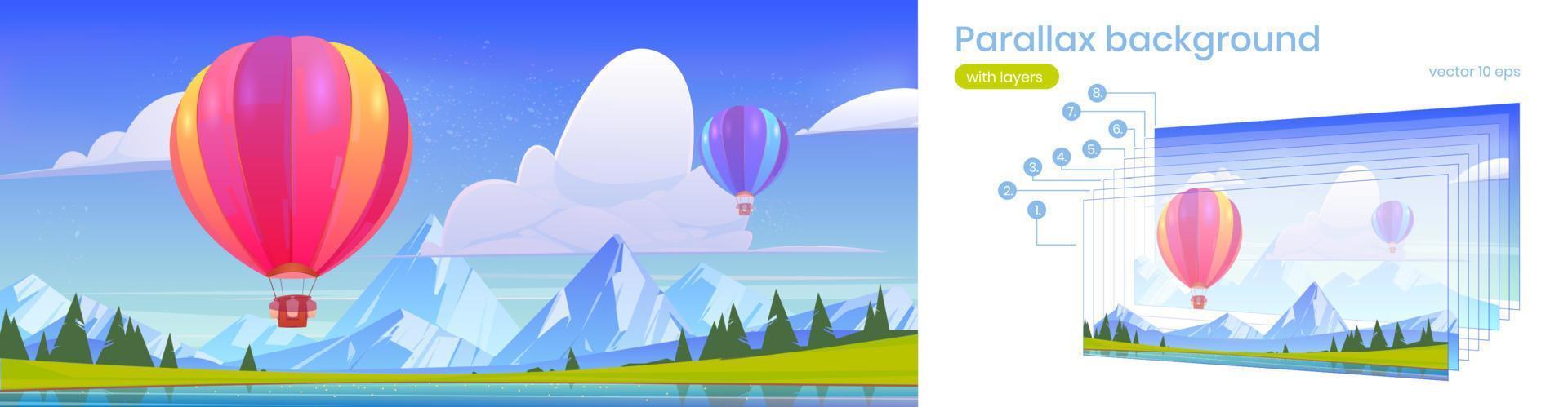 fondo de paralaje globos aerostáticos volando en el cielo vector