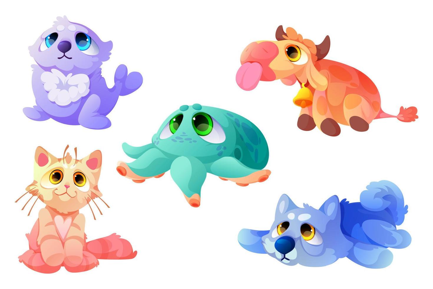 Plush toys, funny soft seal, cow, cat with octopus vector