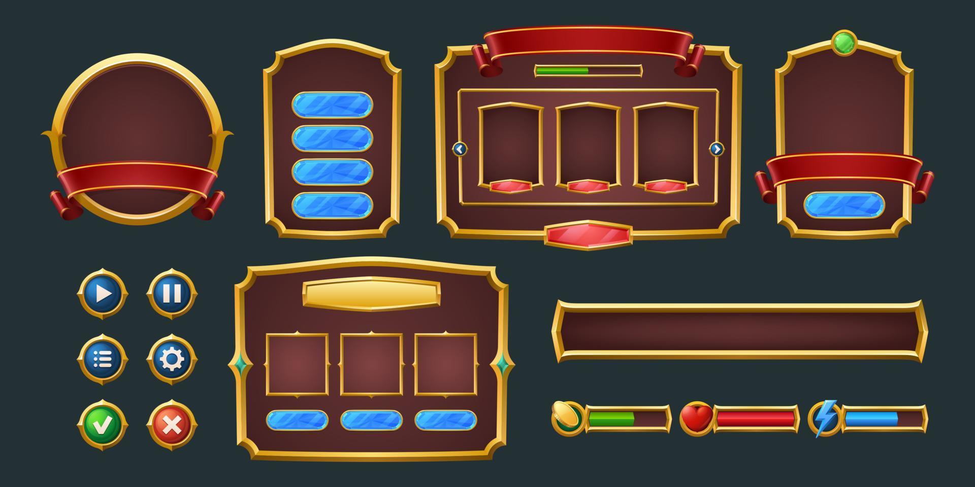 conjunto de marcos de juego, barras y kit de botones de menú vector