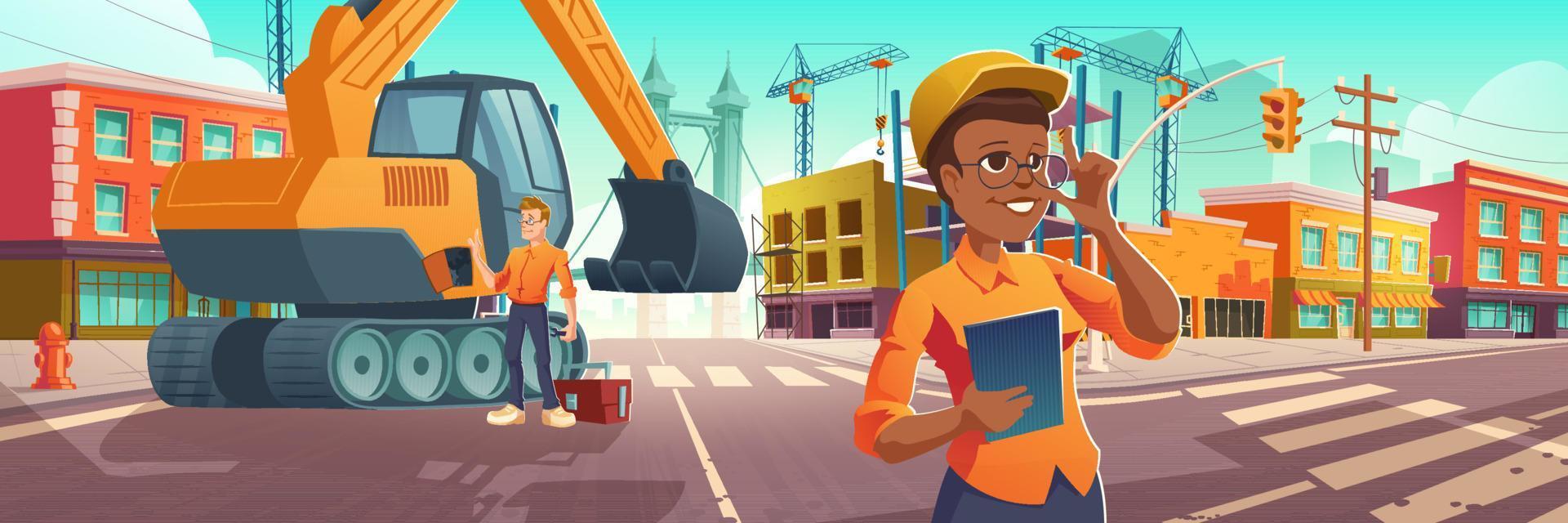 Construction works in city, worker and architect vector