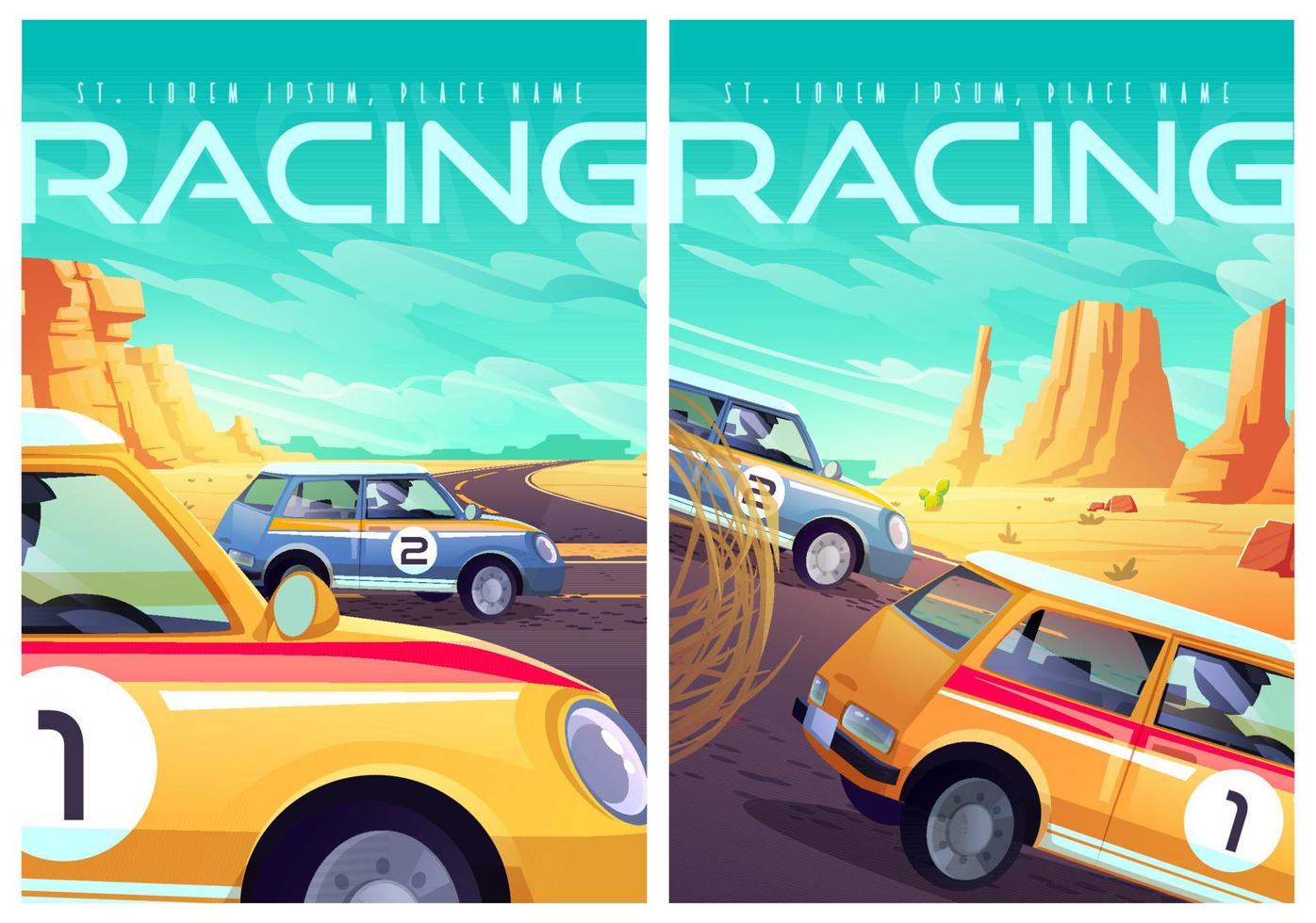 Racing posters with sport cars on road in desert vector