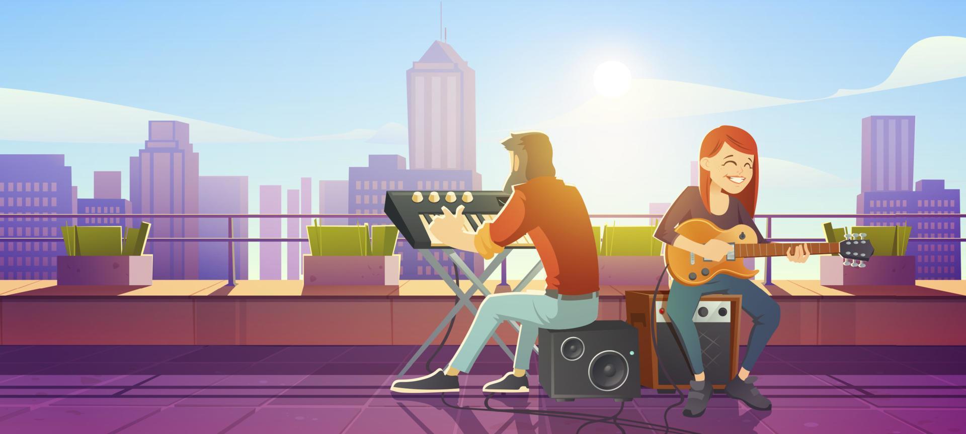 Singer woman playing guitar on building rooftop vector