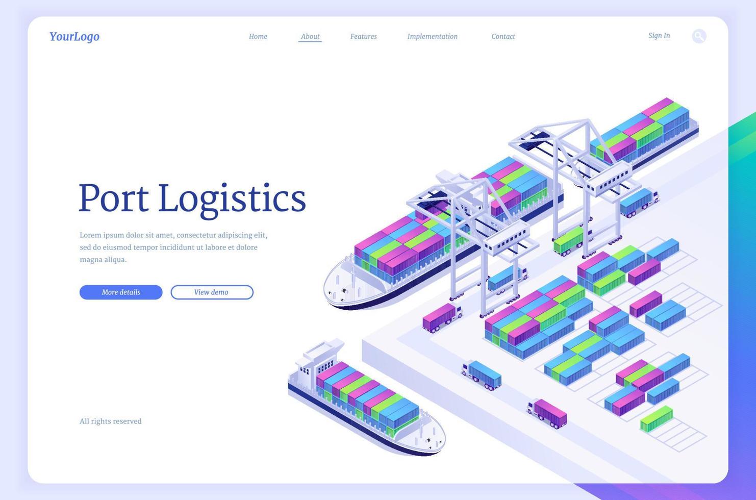 Port logistics isometric landing, freight delivery vector