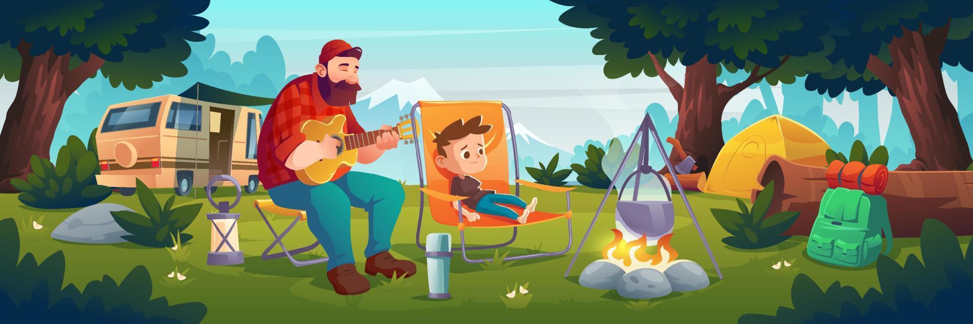 Family camping, father and son relax in forest vector